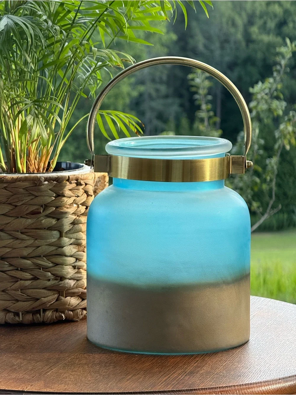 Blue Frosted Glass Lantern with Brass Handle